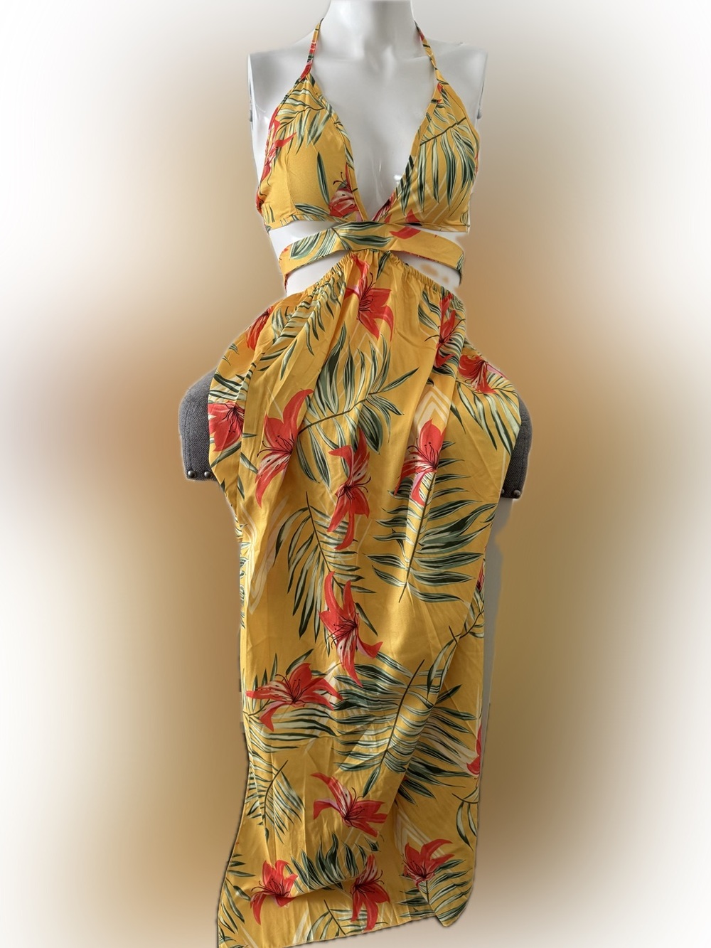 Yellow Tropical Floral Sundress with Red Lily Print